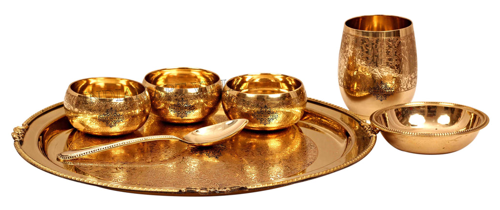 Brass Embossed Design Mughlai Style Dinner Thali Set  ( 7 Pieces )